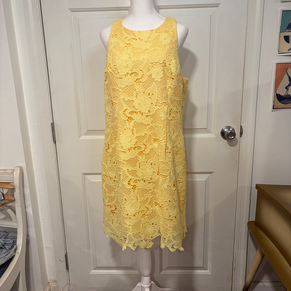 Eliza J Yellow Lace Sheath Dress Sleeveless Zipper Back Knee Length Womens XL 14